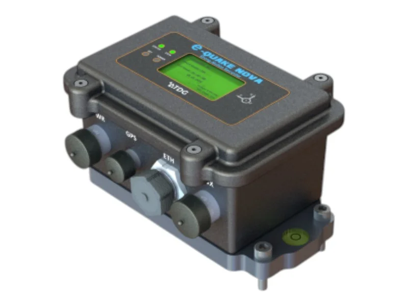 E-QUAKE NOVA high dynamic range accelerograph featuring an ultra-low noise, three-component internal seismic servo accelerometer for advanced monitoring networks.