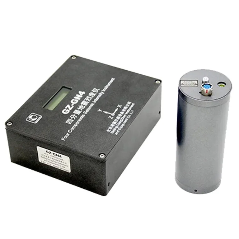 GZ-GN4 compact four-component seismic intensity meter enclosed in an aluminum frame, designed for local earthquake monitoring and early warning networks.