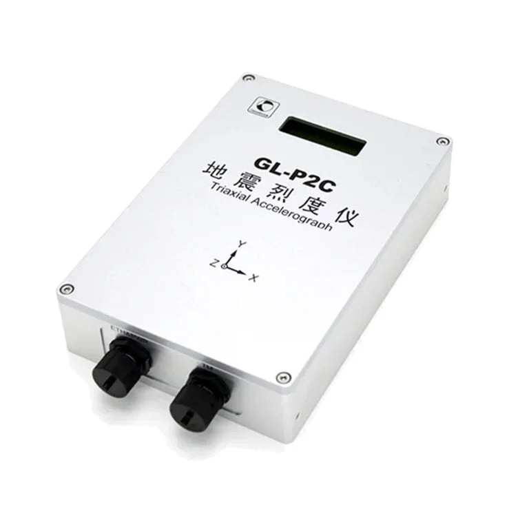 GL-P2C wall-mounted seismic intensity meter featuring a large color LCD screen for real-time waveform data and automated earthquake event tracking.