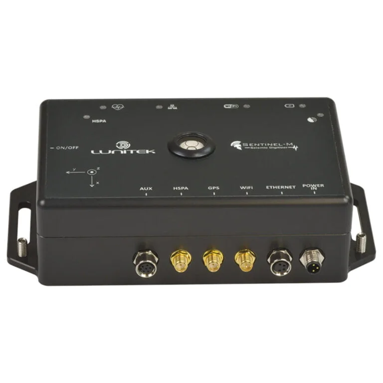 SENTINEL-M building code-compliant seismic monitoring system by Lunitek, featuring a rugged anodized aluminum enclosure and industry-standard M8 sensor connectors.