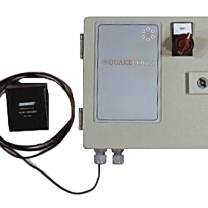 SATURN Series tri-axial seismic switch with external battery charger, front-panel Test/Reset switch and sealed conduit entry fittings