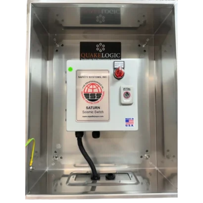 SATURN Series seismic switch with Test/Reset switch mounted inside a QuakeLogic stainless steel secondary enclosure
