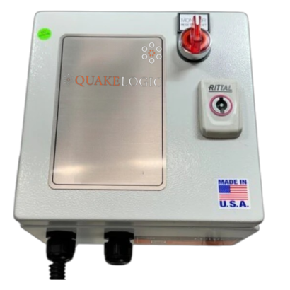 SATURN Series Seismic Switch in NEMA 4 enclosure with front-panel Test/Reset switch, key lock and sealed cable entries