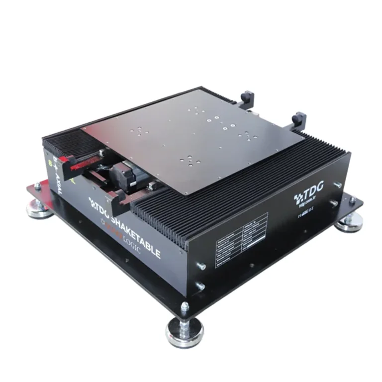 A portable dual-axis shake table operated via EASYTEST software, used for seismic sensor calibration, structural dynamics, and civil engineering laboratory research.