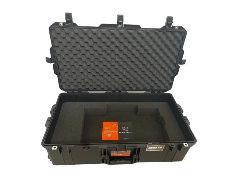 An airline-friendly rugged storage case with smooth-rolling wheels and custom protective padding for safe transport of small-scale laboratory shake tables.