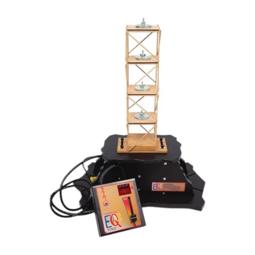 The QUAKEMATE classroom earthquake simulator featuring adjustable frequency cycles up to 30 Hz for structural engineering and resonant frequency demonstrations.