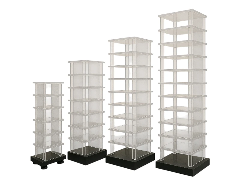 A modular plexiglass structure model designed for small-scale seismic testing, demonstrating resonance, damping, and base isolation effects in engineering laboratories.