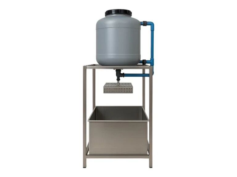 QuakeLogic Pluviation System featuring a stainless-steel mounting frame, hopper, and a transparent laminar soil box for uniform soil deposition testing.