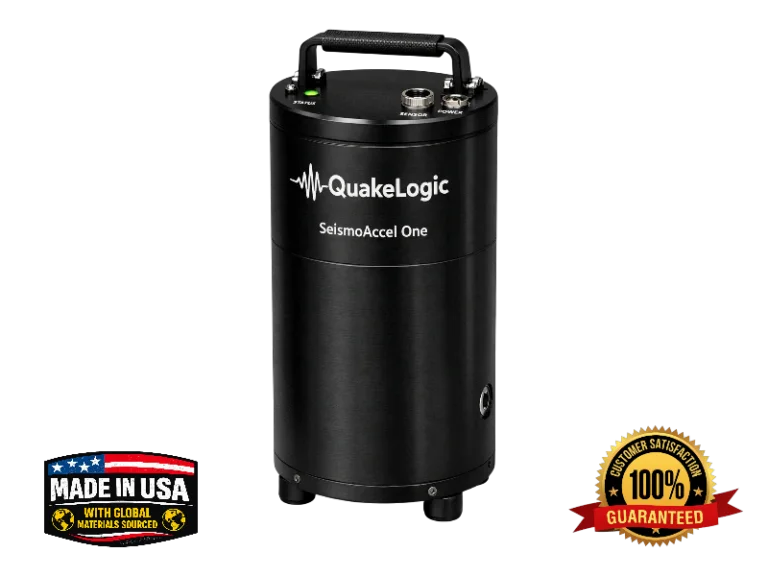 A dual-sensor QL-SeismoAccel One field-ready unit integrating a low-noise broadband triaxial velocity sensor and a force-balance triaxial accelerometer to record a full spectrum of ground motion without saturation.