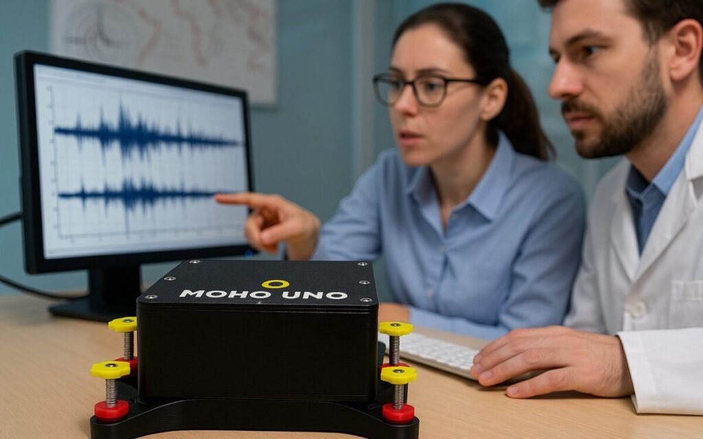 MOHO UNO compact uniaxial seismograph in a seismic monitoring workspace