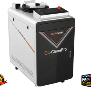 QL-CleanPro 1500 industrial 1.5 kW CW fiber laser cleaning system on self-contained mobile cart with handheld cleaning head, made in USA with global materials