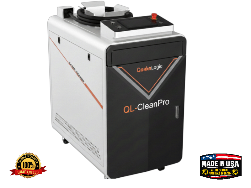 QL-CleanPro 1500 industrial 1.5 kW CW fiber laser cleaning system on self-contained mobile cart with handheld cleaning head, made in USA with global materials