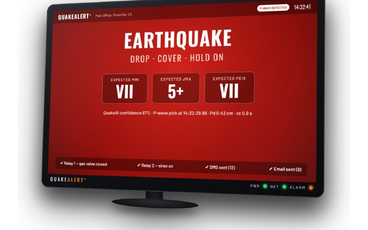 QuakeAlert™ device showing drop, cover, hold on earthquake warning