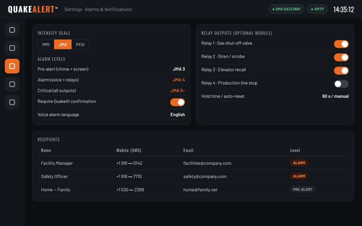 QuakeAlert™ settings for intensity scale, alarm levels, relay outputs and SMS/email recipients