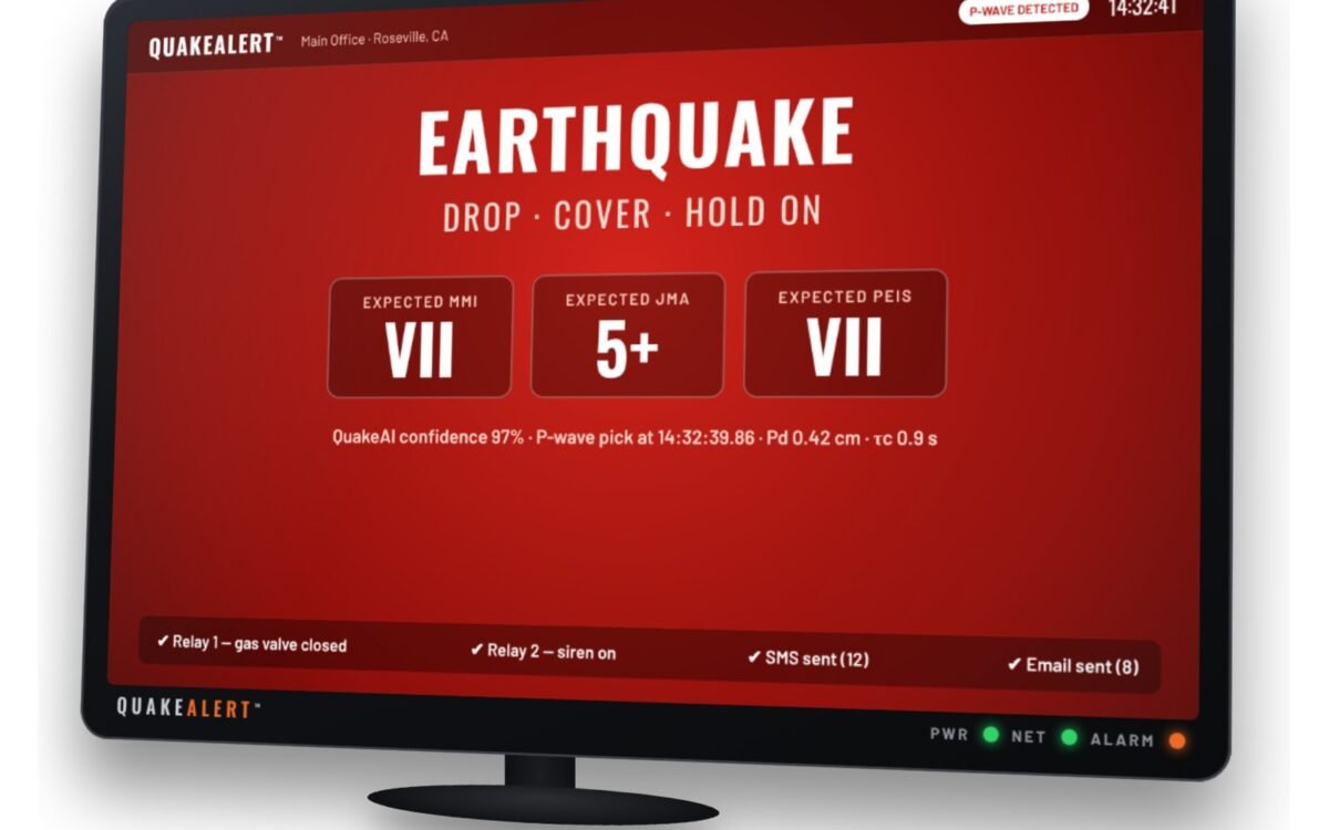 QuakeAlert™ full-screen earthquake alarm with expected MMI, JMA and PEIS intensity
