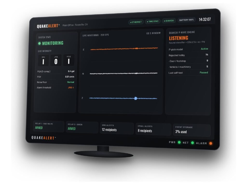 QuakeAlert™ on-site earthquake early warning device with 8 in touchscreen showing live monitoring