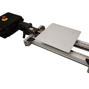 ShakeBot-100 shake table showing the 50 x 50 cm top plate, ball-screw servo drive and linear guides