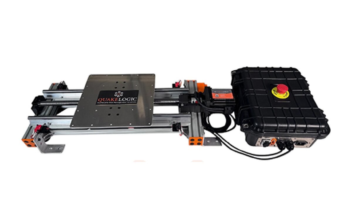 ShakeBot-100 portable shake table with its separate control box and emergency stop switch